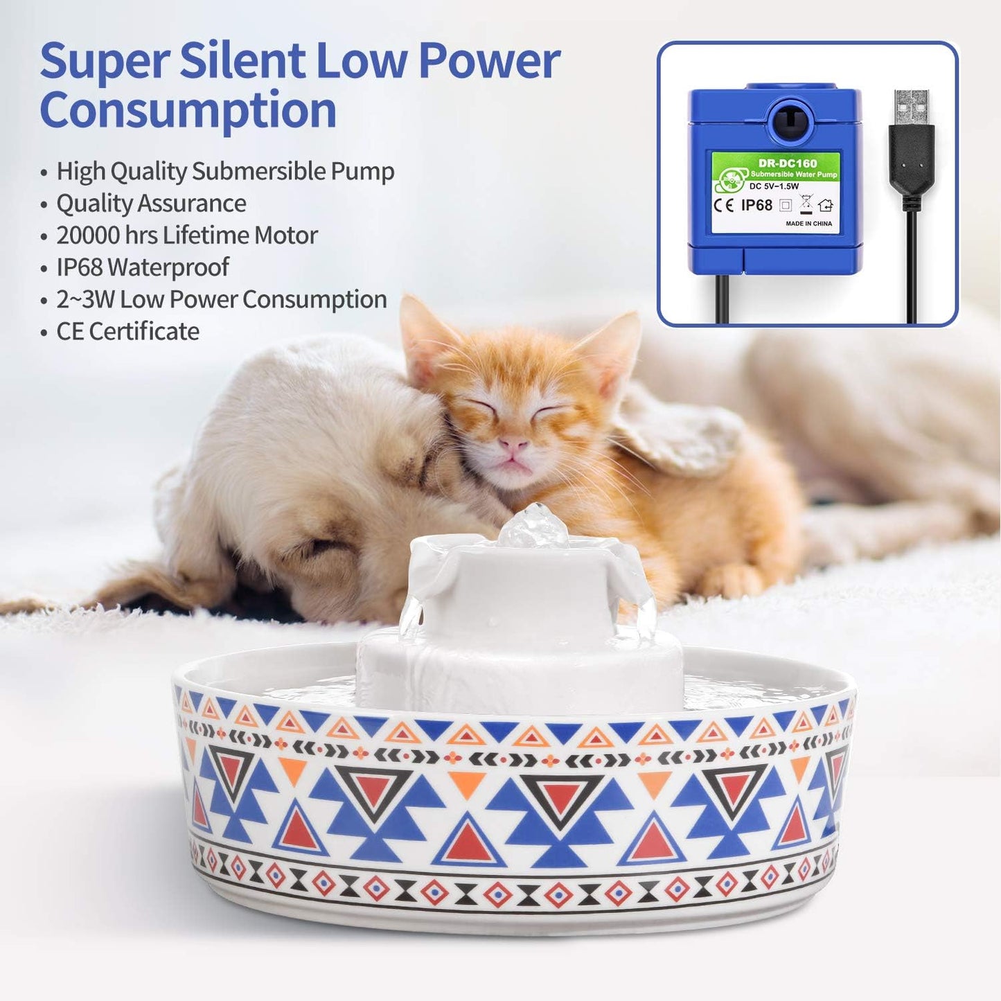 Cup Cake Ceramic Pet Drinking Fountain, 70 Oz Automatic Porcelain Cat Water Fountain, Ultra Quiet Water Fountains for Cats and Dogs (Bohemia Blue)
