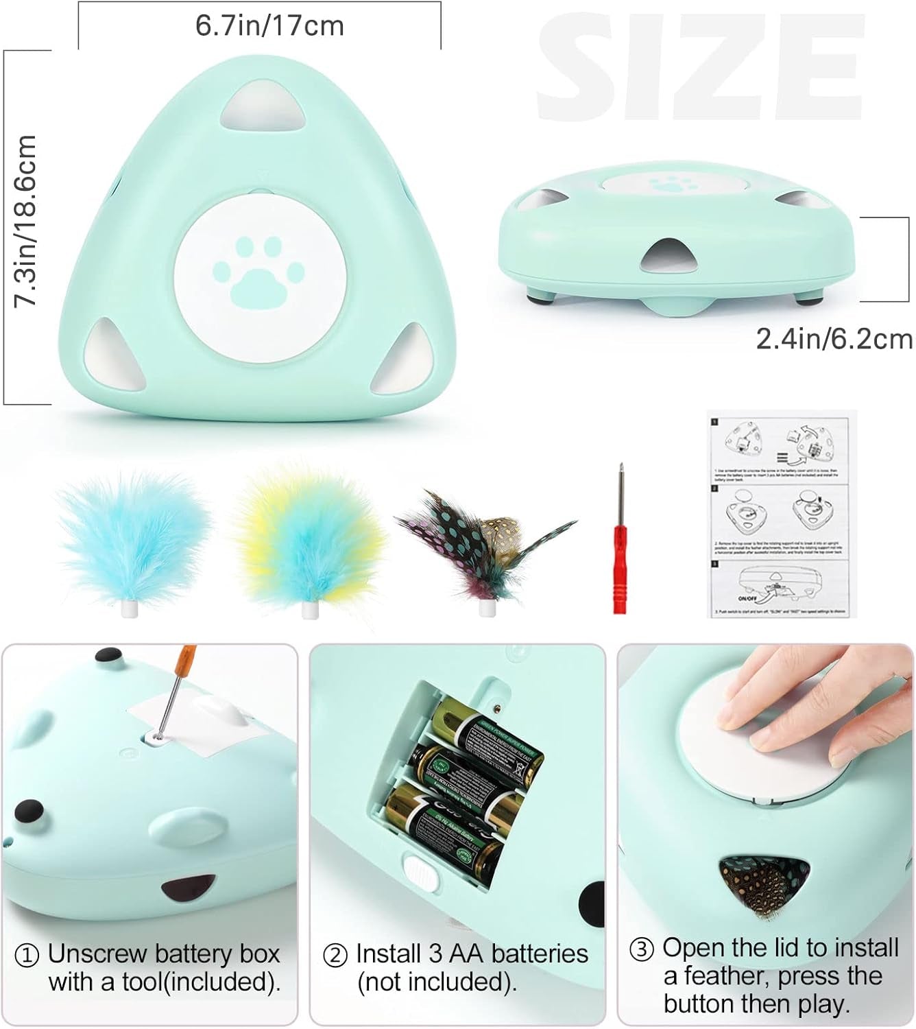 Interactive Cat Toys, Automatic Cat Exercise Teaser Toy with 3 Replacement Rotating Feathers, Automatic Electronic Rotating Teaser Kitten Toy for Indoor Cats, Kitty, Pet - Lake Blue