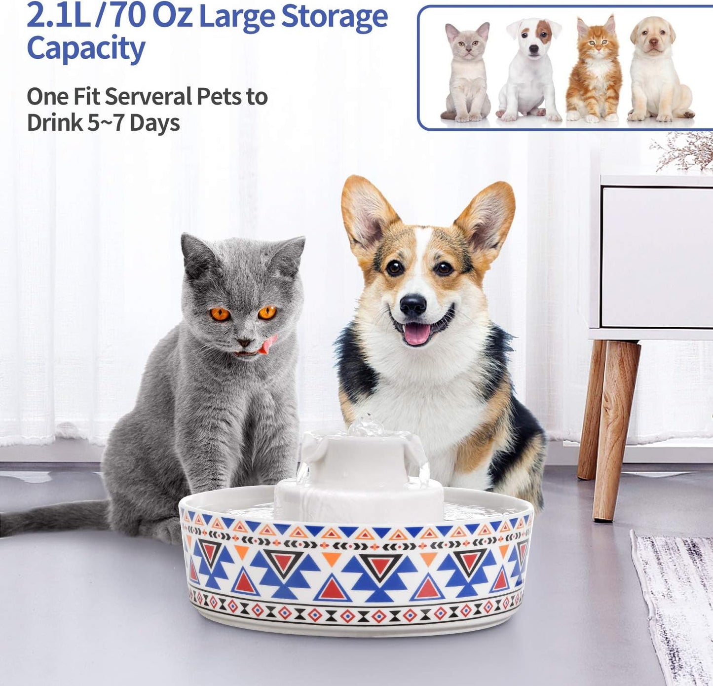 Cup Cake Ceramic Pet Drinking Fountain, 70 Oz Automatic Porcelain Cat Water Fountain, Ultra Quiet Water Fountains for Cats and Dogs (Bohemia Blue)