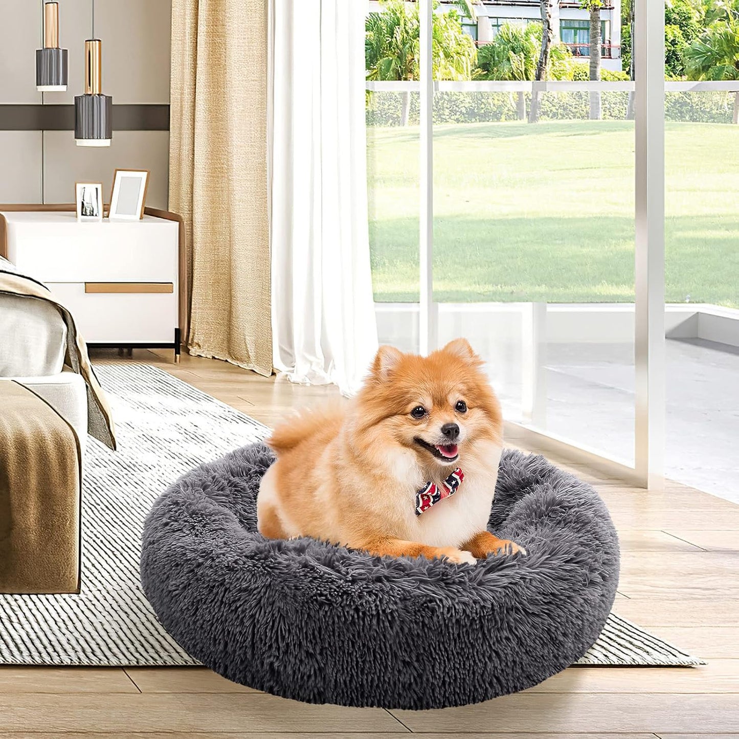Calming Donut Dog Bed for Small to Medium Dogs & Cats - Plush Faux Fur Anti-Anxiety Pet Bed with Machine Washable Cover & Non-Slip Base