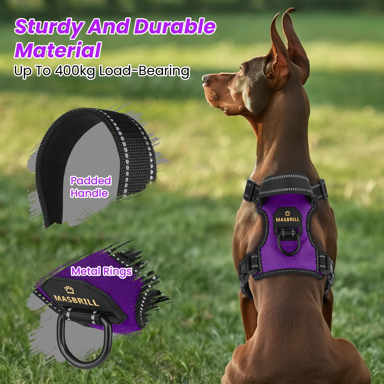 Reflective Dog Harness No Pull Dog Vest Harness with Handle, Breathable Padded Dog Chest Harness Adjustable for Large Dog-Purple L