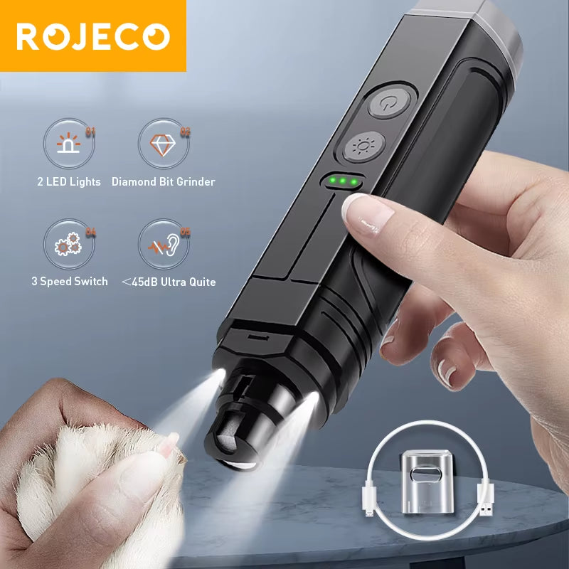 P3 Electric Pet Nail Grinder Professional Dog Nail Clippers + 2 LED Light Rechargeable Cat Claw Nail Grooming Accessories