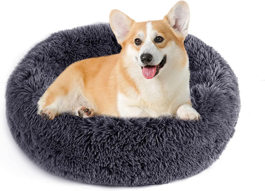 Calming Donut Dog Bed for Small to Medium Dogs & Cats - Plush Faux Fur Anti-Anxiety Pet Bed with Machine Washable Cover & Non-Slip Base
