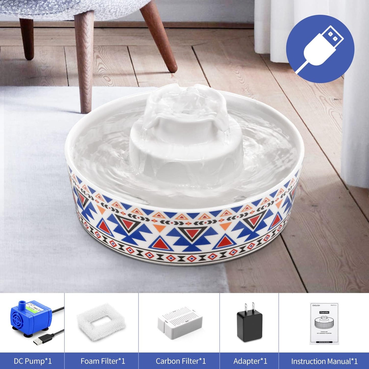 Cup Cake Ceramic Pet Drinking Fountain, 70 Oz Automatic Porcelain Cat Water Fountain, Ultra Quiet Water Fountains for Cats and Dogs (Bohemia Blue)