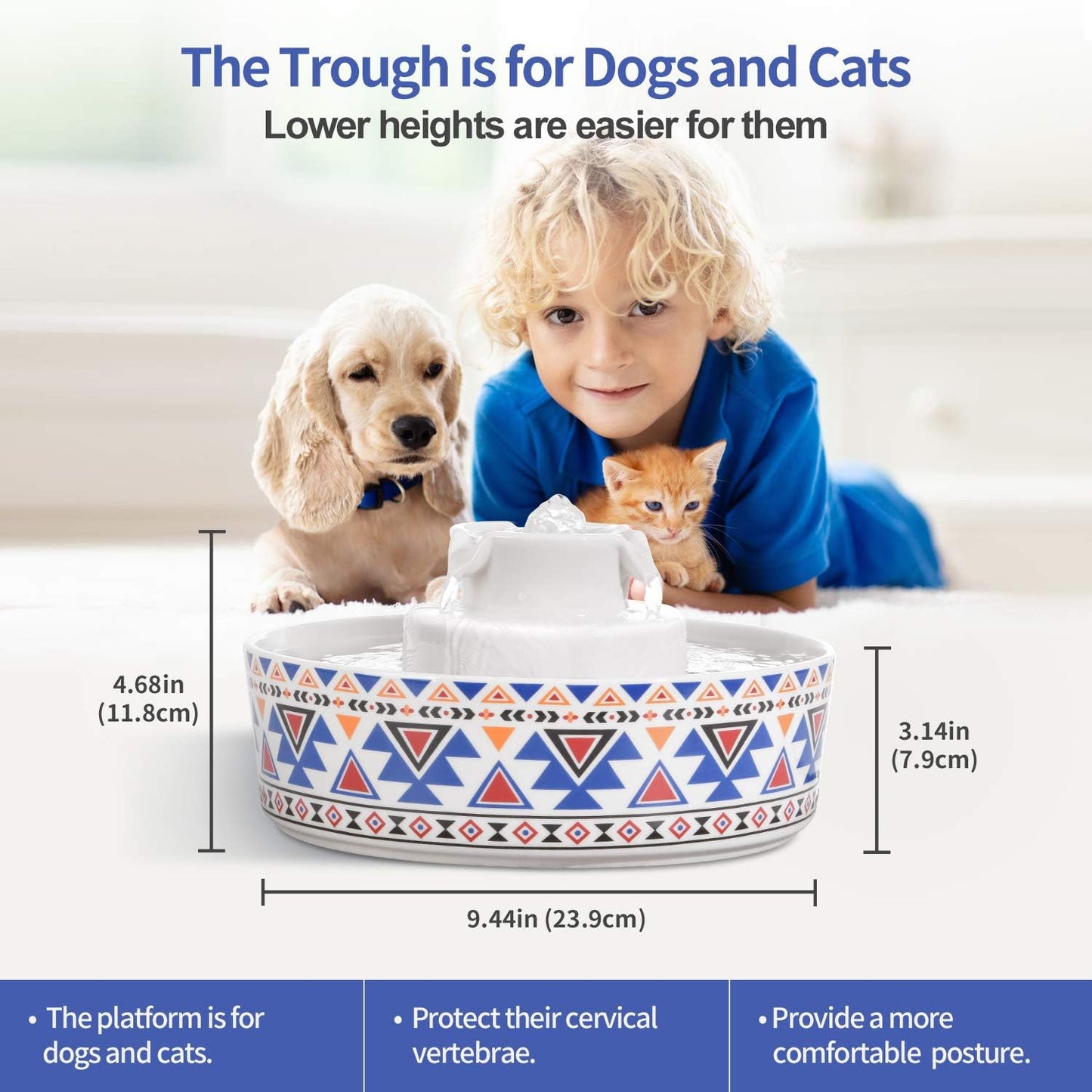 Cup Cake Ceramic Pet Drinking Fountain, 70 Oz Automatic Porcelain Cat Water Fountain, Ultra Quiet Water Fountains for Cats and Dogs (Bohemia Blue)