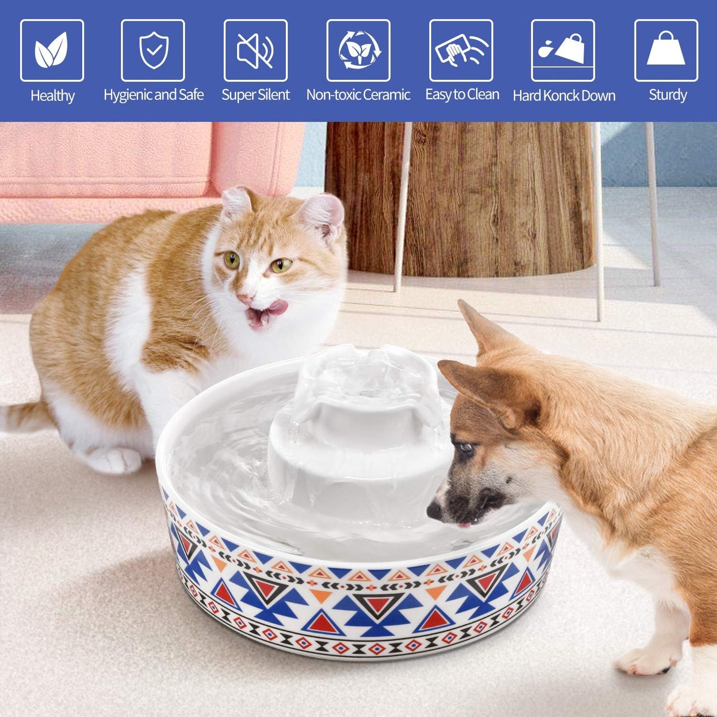 Cup Cake Ceramic Pet Drinking Fountain, 70 Oz Automatic Porcelain Cat Water Fountain, Ultra Quiet Water Fountains for Cats and Dogs (Bohemia Blue)