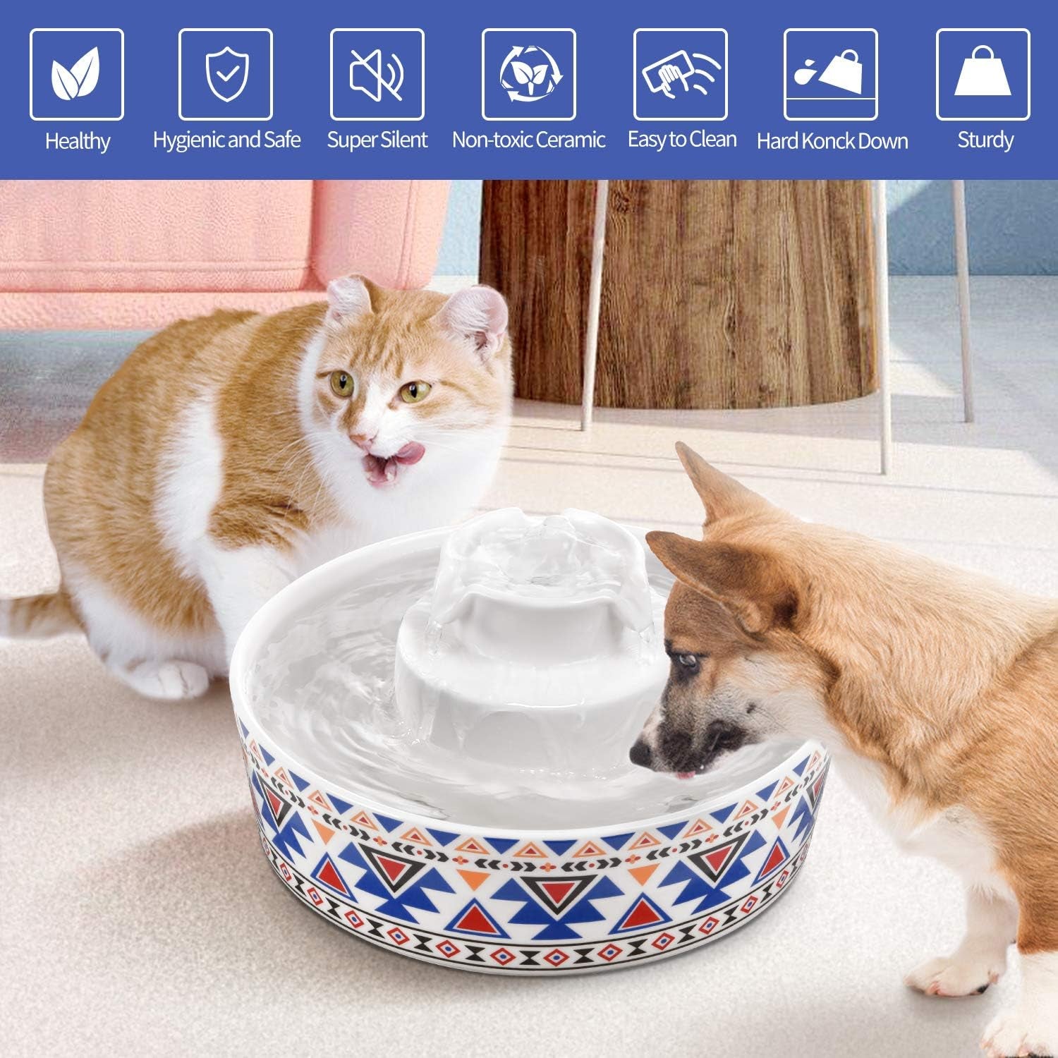 Cup Cake Ceramic Pet Drinking Fountain, 70 Oz Automatic Porcelain Cat Water Fountain, Ultra Quiet Water Fountains for Cats and Dogs (Bohemia Blue)