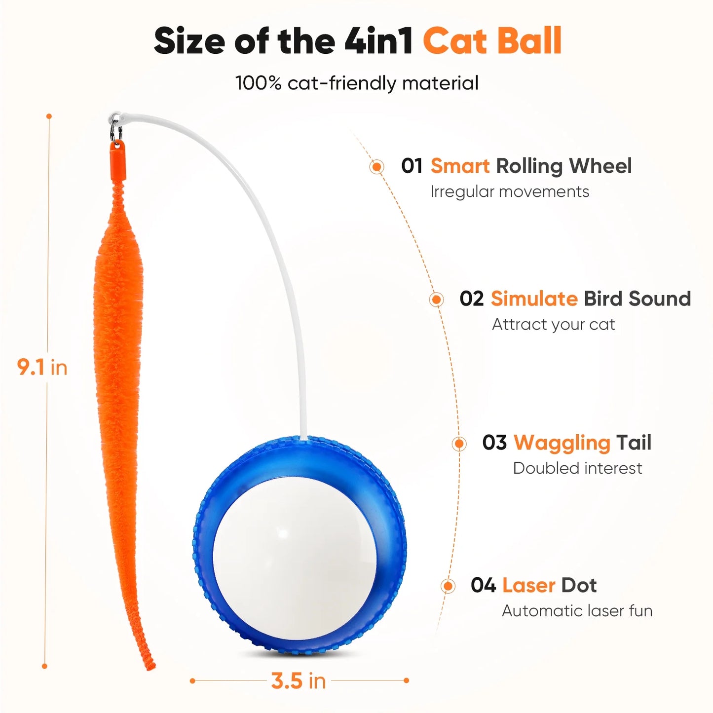 Interactive Cat Toy Ball - Automatic Rolling & Laser Cat Toys with 2 Fluffy Mice Tail, USB Rechargeable, Motion Activated Moving Ball Toy for Indoor