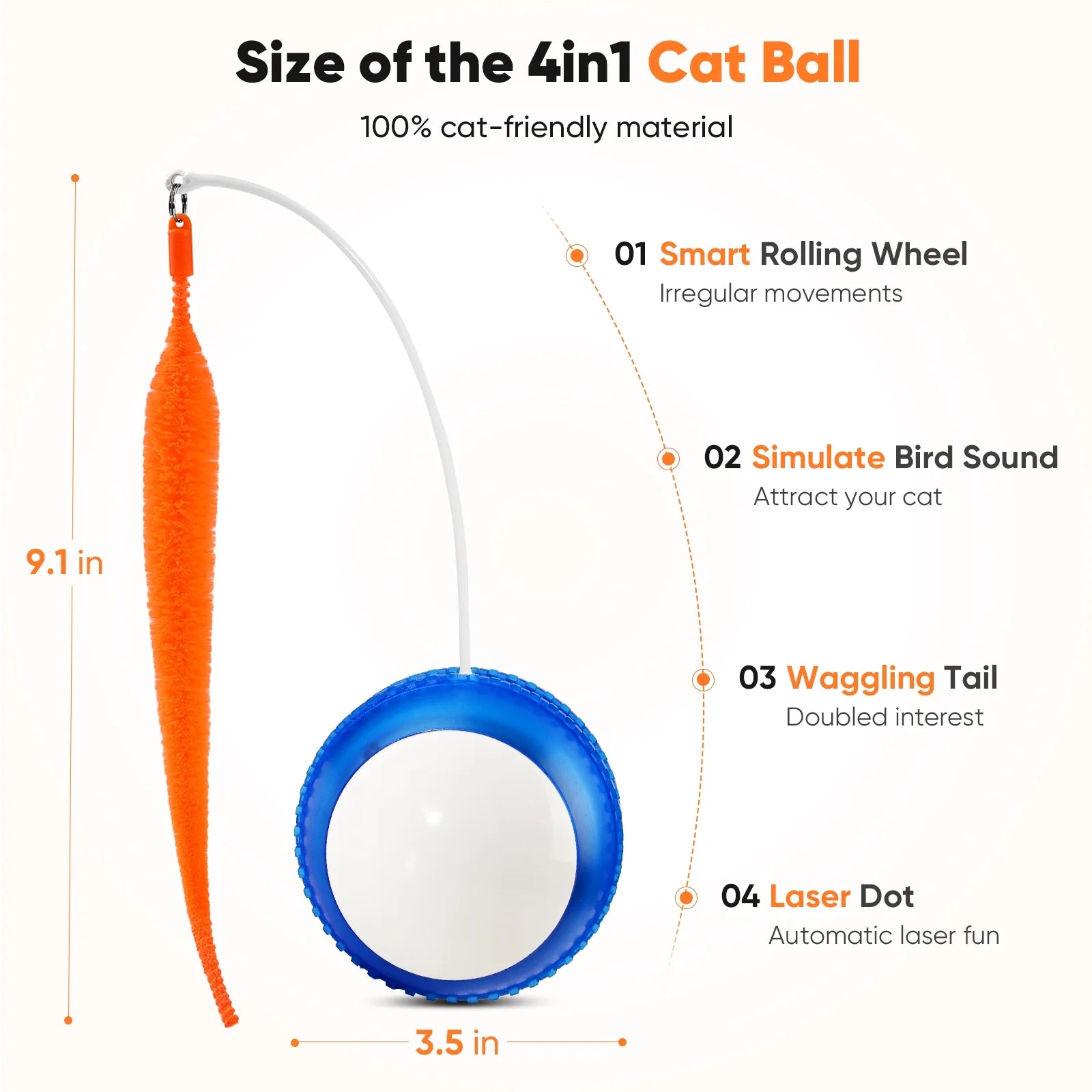 Interactive Cat Toy Ball - Automatic Rolling & Laser Cat Toys with 2 Fluffy Mice Tail, USB Rechargeable, Motion Activated Moving Ball Toy for Indoor