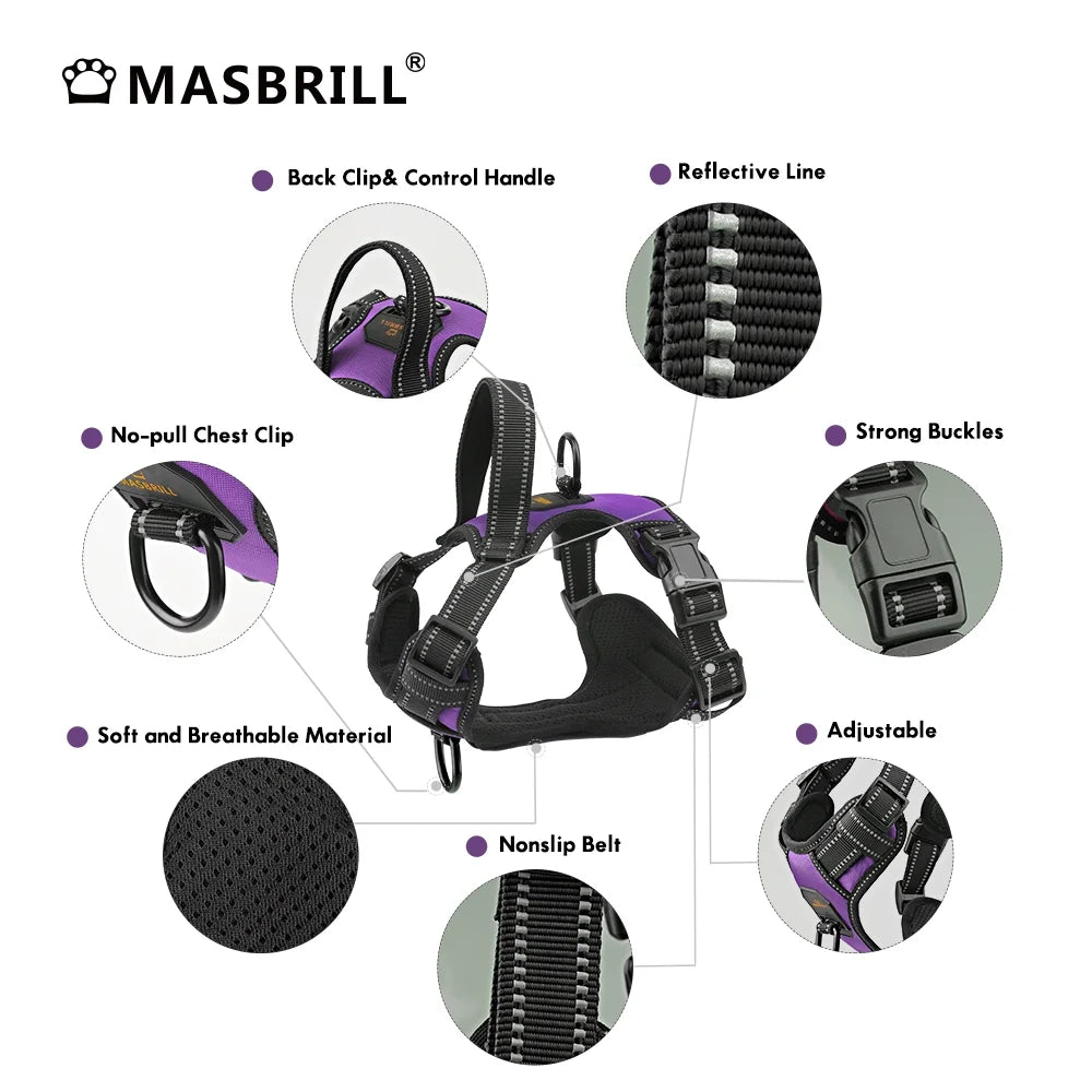 Reflective Dog Harness No Pull Dog Vest Harness with Handle, Breathable Padded Dog Chest Harness Adjustable for Large Dog-Purple L