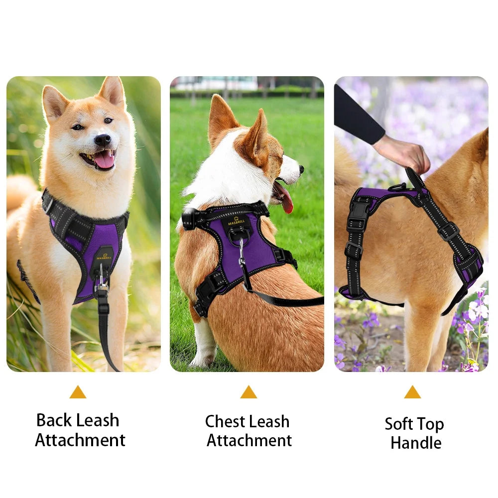 Reflective Dog Harness No Pull Dog Vest Harness with Handle, Breathable Padded Dog Chest Harness Adjustable for Large Dog-Purple L