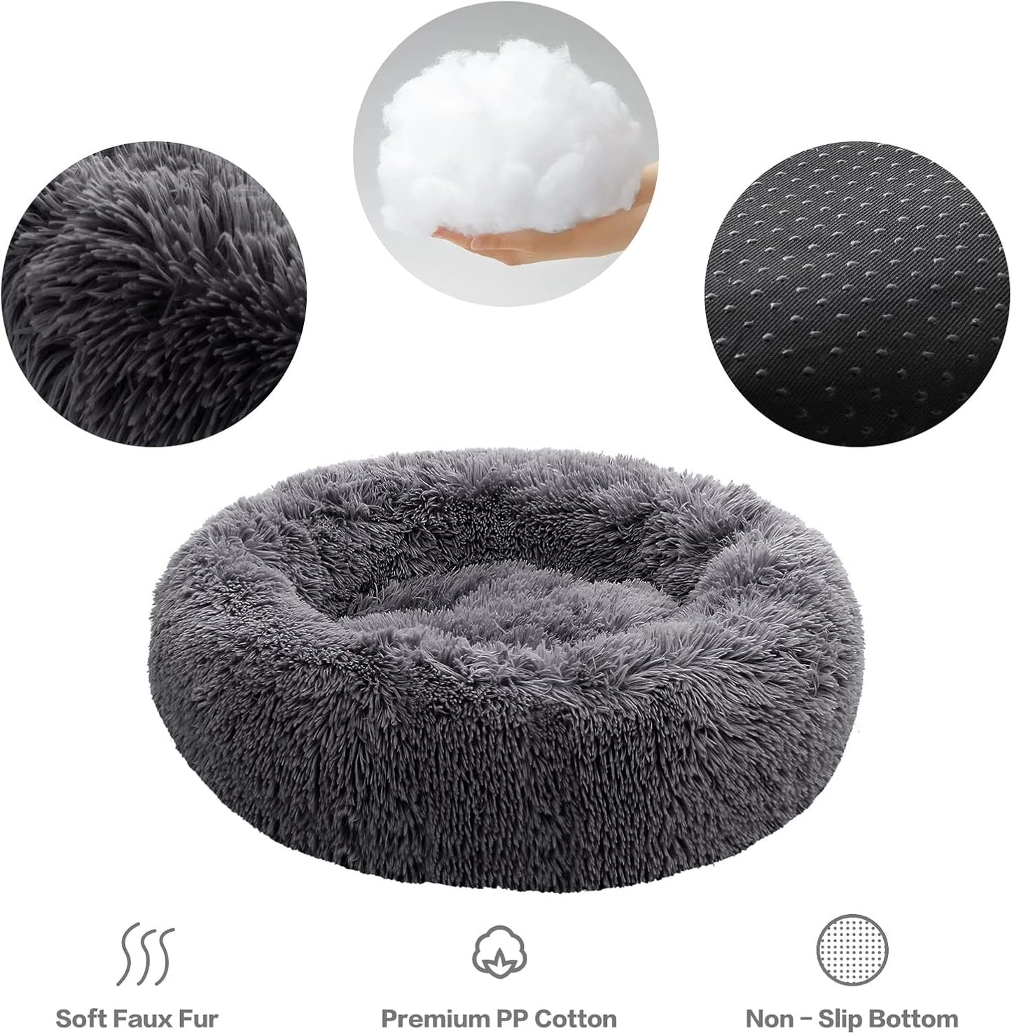 Calming Donut Dog Bed for Small to Medium Dogs & Cats - Plush Faux Fur Anti-Anxiety Pet Bed with Machine Washable Cover & Non-Slip Base