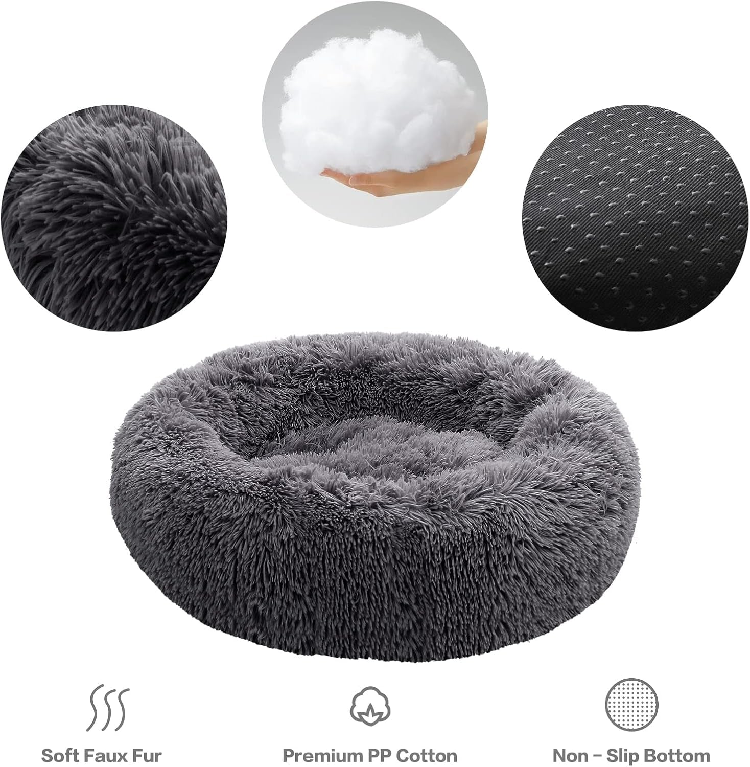 Calming Donut Dog Bed for Small to Medium Dogs & Cats - Plush Faux Fur Anti-Anxiety Pet Bed with Machine Washable Cover & Non-Slip Base